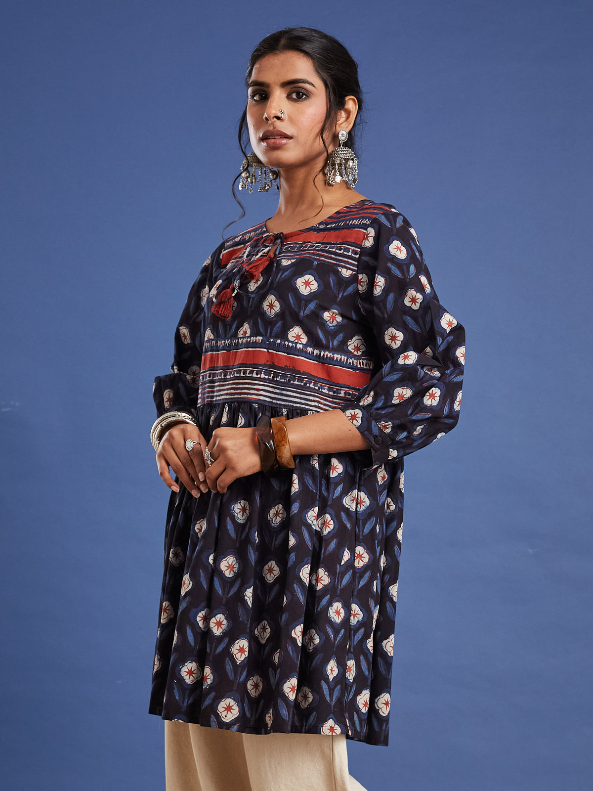 VASVI Women Cotton Block Printed Tunic, Navy Blue