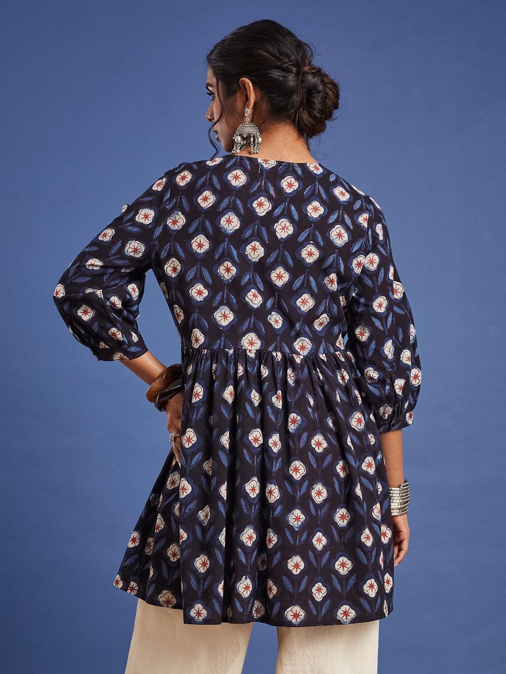 VASVI Women Cotton Block Printed Tunic, Navy Blue