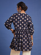 VASVI Women Cotton Block Printed Tunic, Navy Blue