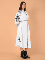 VASVI Women Cotton Embroidered A-line Dress, White