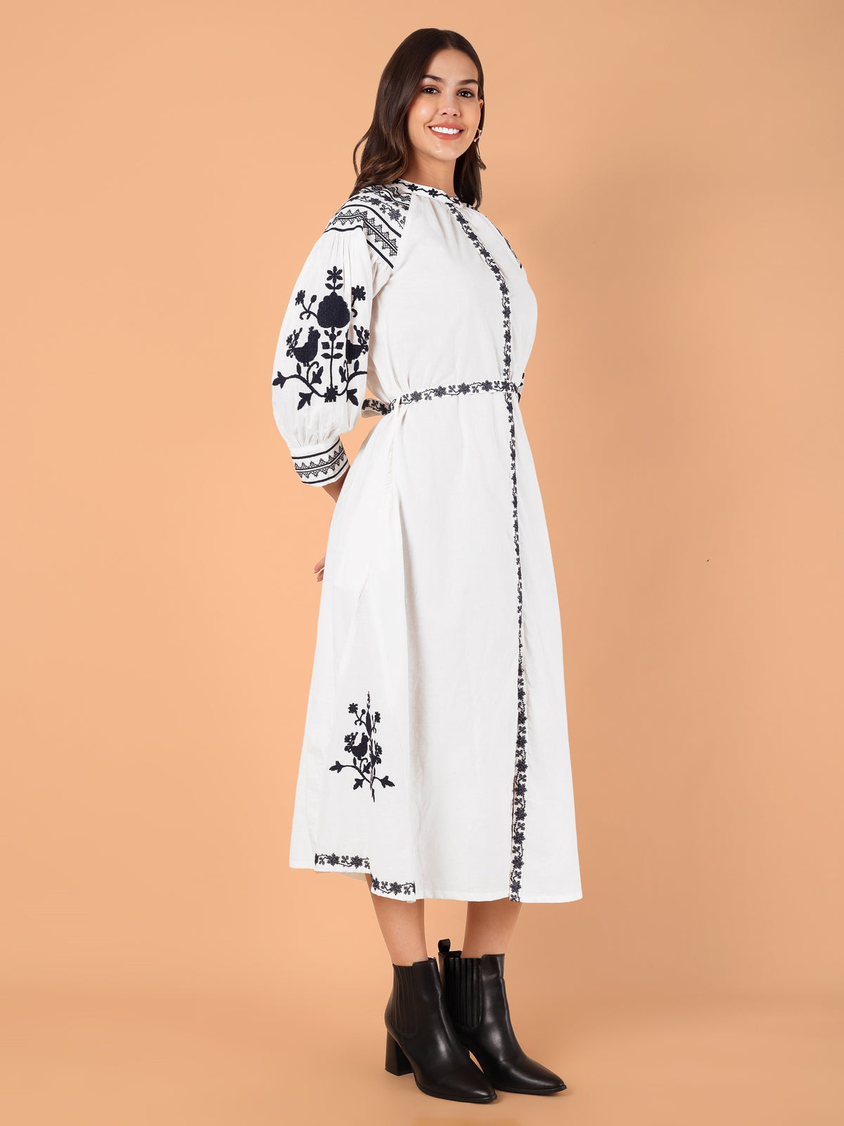 VASVI Women Cotton Embroidered A-line Dress, White
