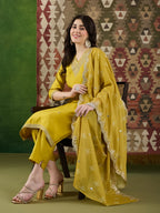 VASVI Women Ethnic Motifs Embroidered Thread Work Chanderi Silk Kurta with Trousers & With Dupatta