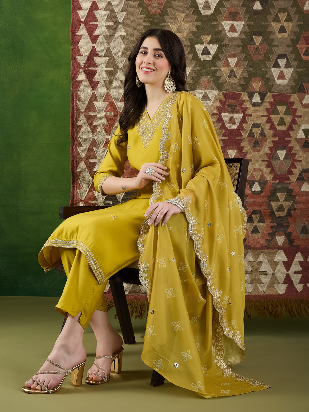 VASVI Women Ethnic Motifs Embroidered Thread Work Chanderi Silk Kurta with Trousers & With Dupatta