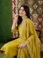 VASVI Women Ethnic Motifs Embroidered Thread Work Chanderi Silk Kurta with Trousers & With Dupatta