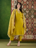 VASVI Women Ethnic Motifs Embroidered Thread Work Chanderi Silk Kurta with Trousers & With Dupatta
