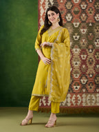 VASVI Women Ethnic Motifs Embroidered Thread Work Chanderi Silk Kurta with Trousers & With Dupatta