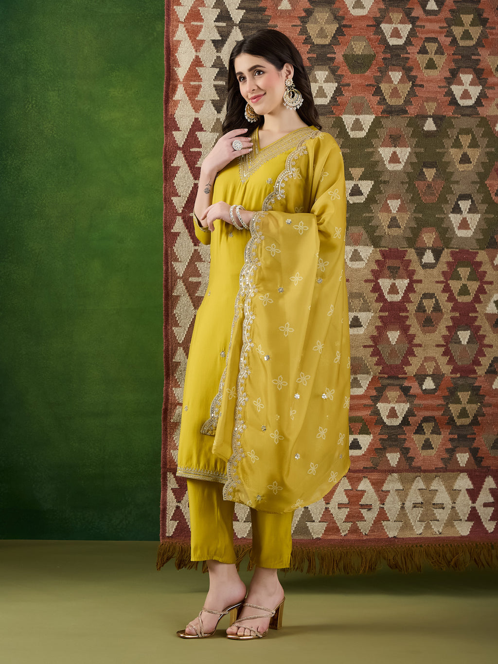 VASVI Women Ethnic Motifs Embroidered Thread Work Chanderi Silk Kurta with Trousers & With Dupatta