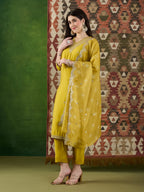 VASVI Women Ethnic Motifs Embroidered Thread Work Chanderi Silk Kurta with Trousers & With Dupatta