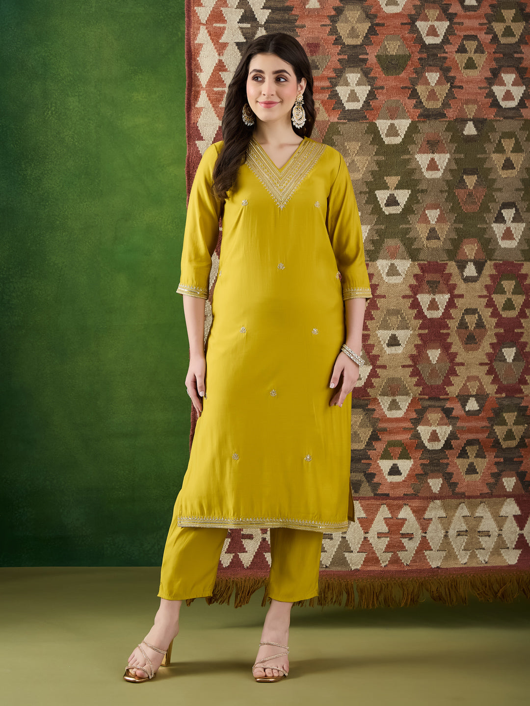 VASVI Women Ethnic Motifs Embroidered Thread Work Chanderi Silk Kurta with Trousers & With Dupatta
