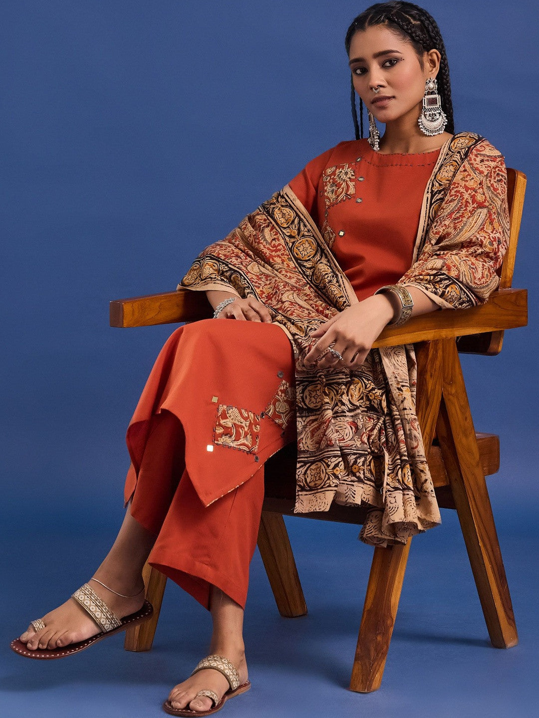 VASVI Women Hand Block Printed Pure Cotton Straight Kurta Trousers With Dupatta