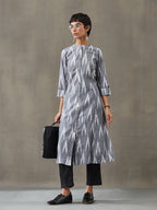 VASVI Women Cotton Ikat Printed A-line Kurta, Grey