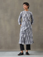 VASVI Women Cotton Ikat Printed A-line Kurta, Grey