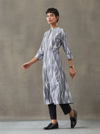 VASVI Women Cotton Ikat Printed A-line Kurta, Grey