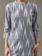 VASVI Women Cotton Ikat Printed A-line Kurta, Grey