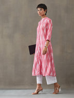 VASVI Women Cotton Ikat Printed A-line Kurta, Pink