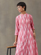 VASVI Women Cotton Ikat Printed A-line Kurta, Pink