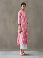 VASVI Women Cotton Ikat Printed A-line Kurta, Pink