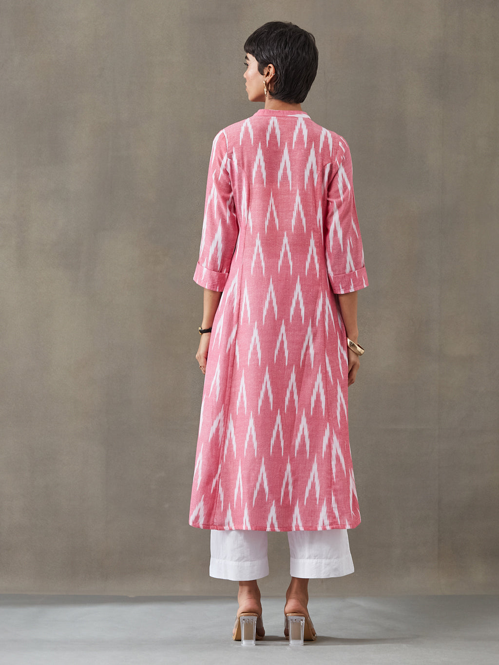 VASVI Women Cotton Ikat Printed A-line Kurta, Pink