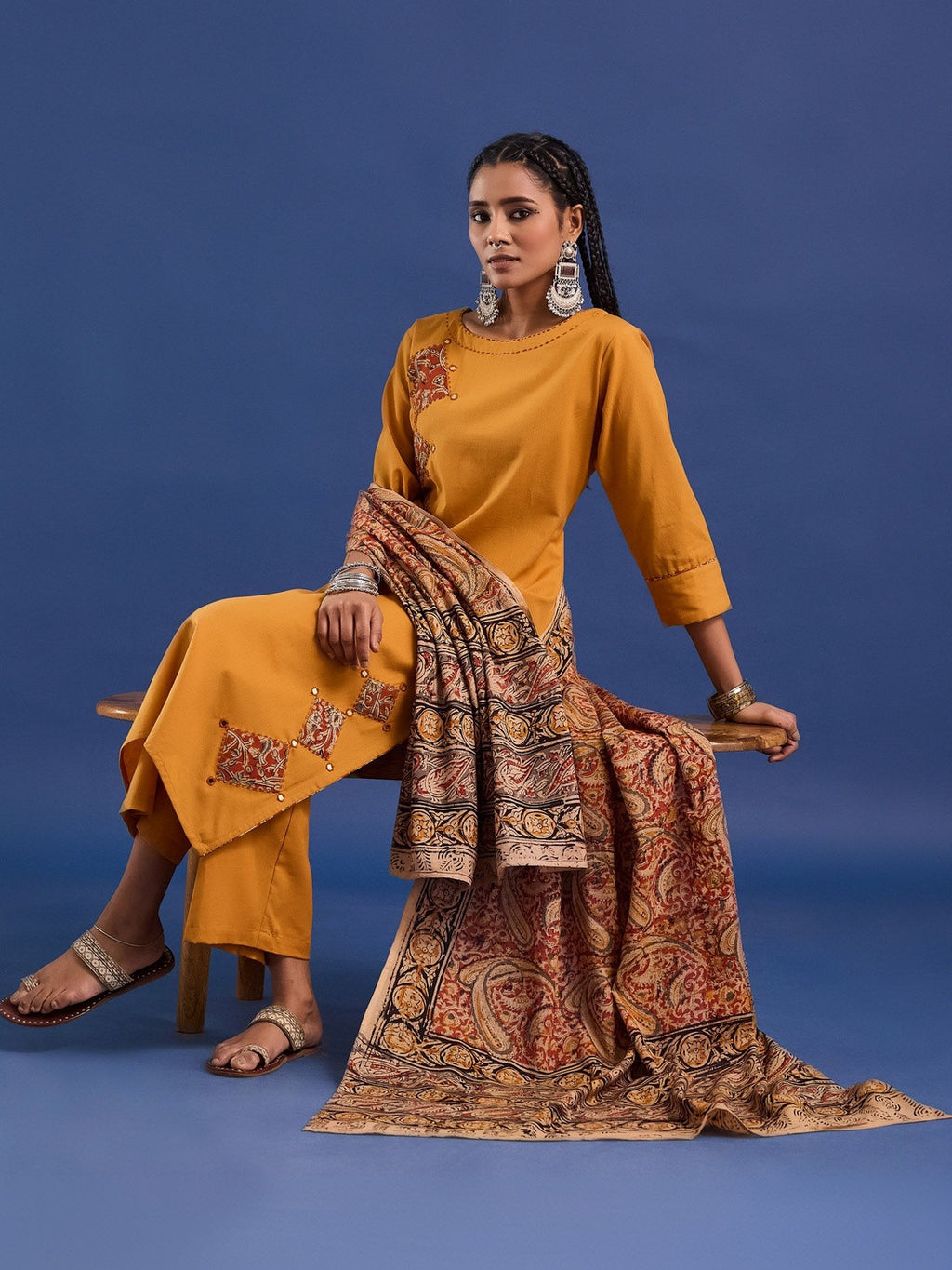 VASVI Women Hand Block Printed Pure Cotton Straight Kurta Trousers With Dupatta