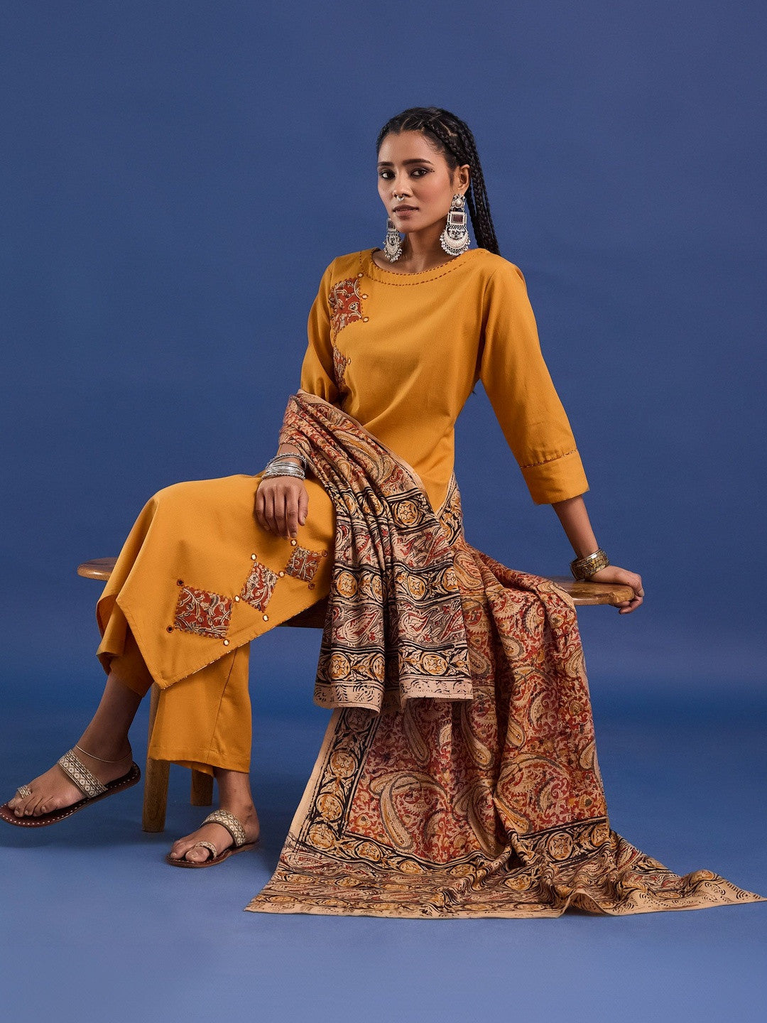 VASVI Women Hand Block Printed Pure Cotton Straight Kurta Trousers With Dupatta
