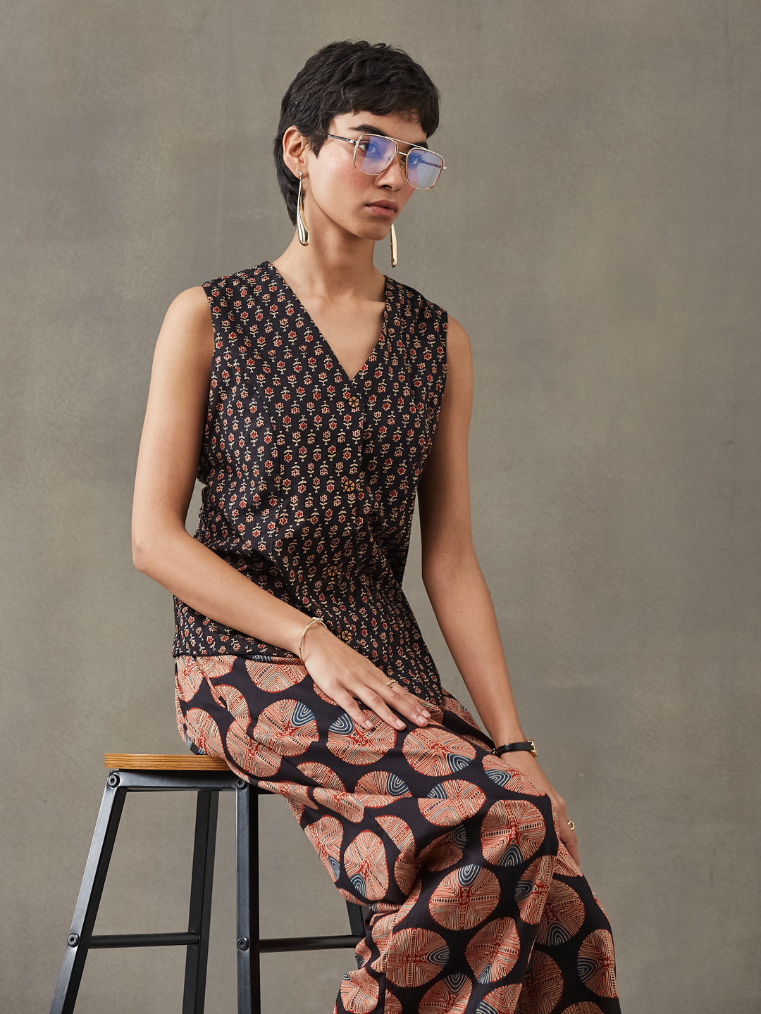 VASVI Women Cotton Printed Co-ords Set, Black