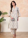 VASVI Cotton Slub Embroidered Placket Printed Kurta with Pant, Natural