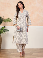 VASVI Cotton Slub Embroidered Placket Printed Kurta with Pant, Natural