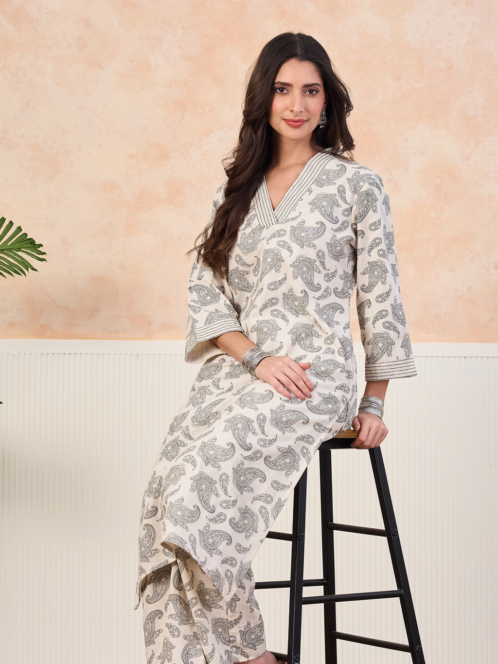 VASVI Cotton Slub Embroidered Placket Printed Kurta with Pant, Natural