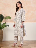 VASVI Cotton Slub Embroidered Placket Printed Kurta with Pant, Natural