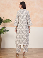VASVI Cotton Slub Embroidered Placket Printed Kurta with Pant, Natural