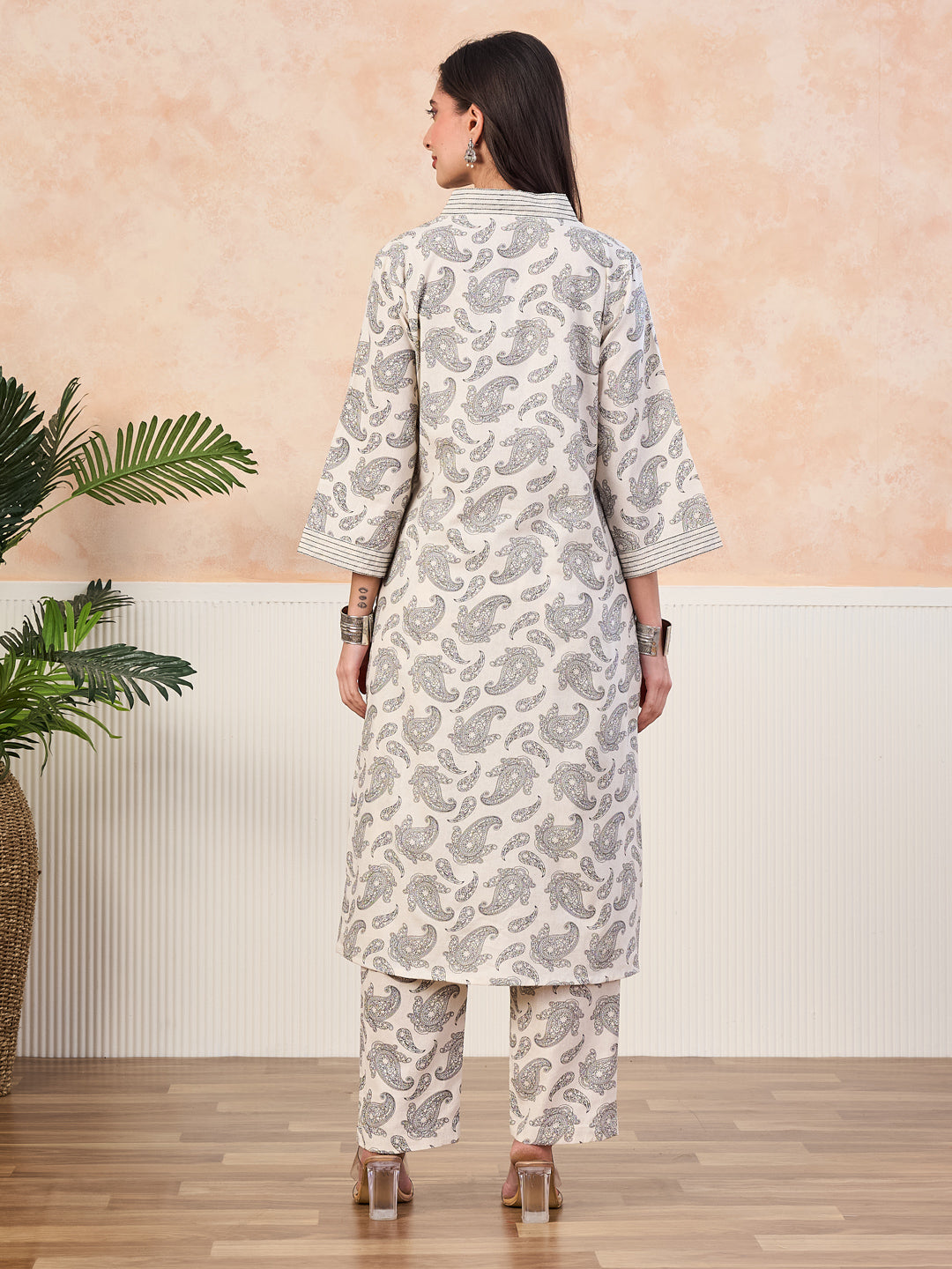 VASVI Cotton Slub Embroidered Placket Printed Kurta with Pant, Natural
