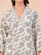 VASVI Cotton Slub Embroidered Placket Printed Kurta with Pant, Natural