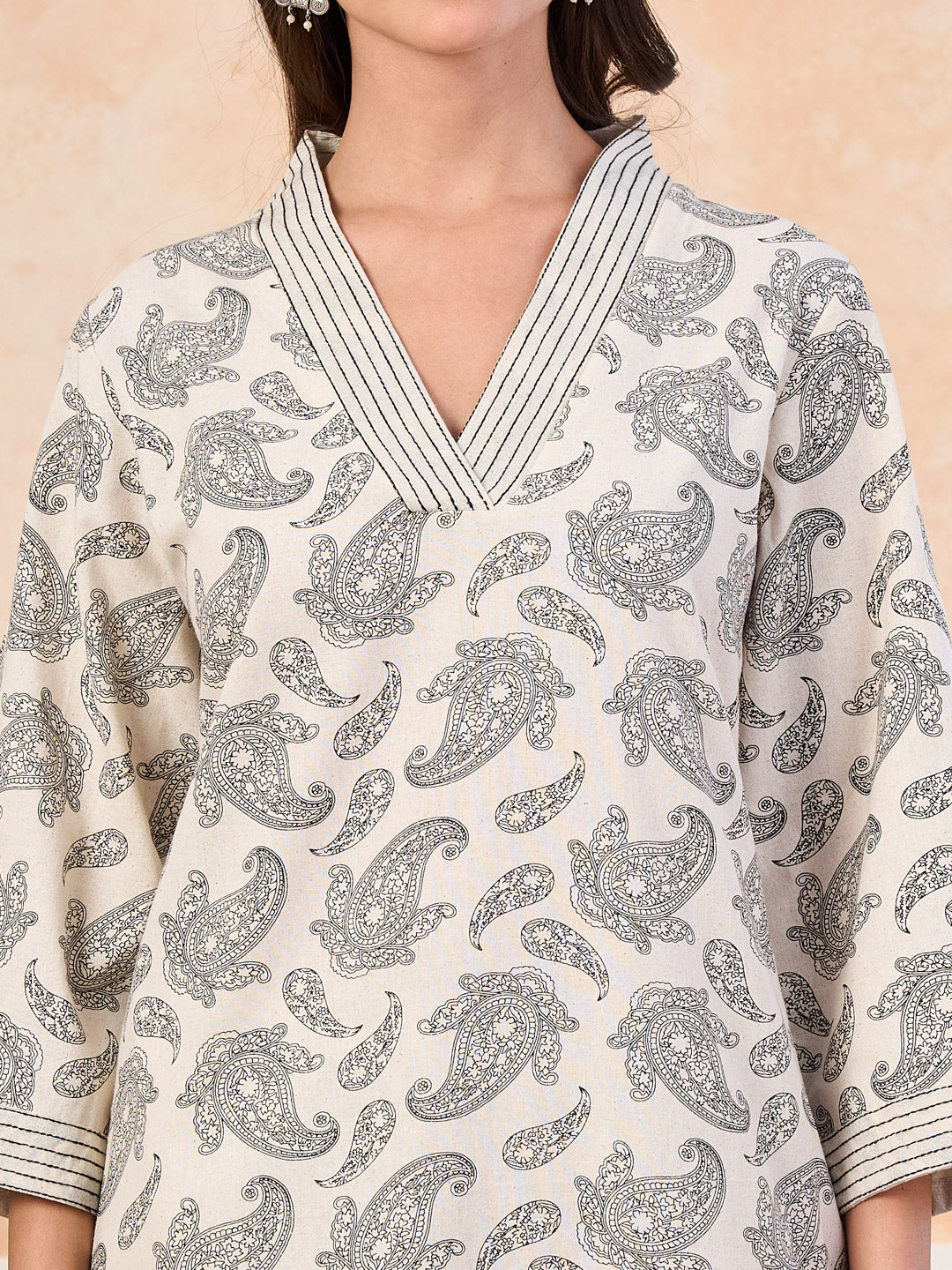 VASVI Cotton Slub Embroidered Placket Printed Kurta with Pant, Natural
