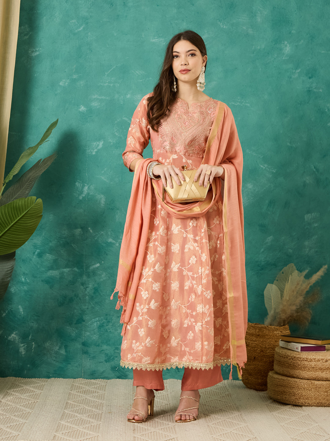 VASVI Women Jacquard Embroidered Kurta Set with Dupatta, Peach