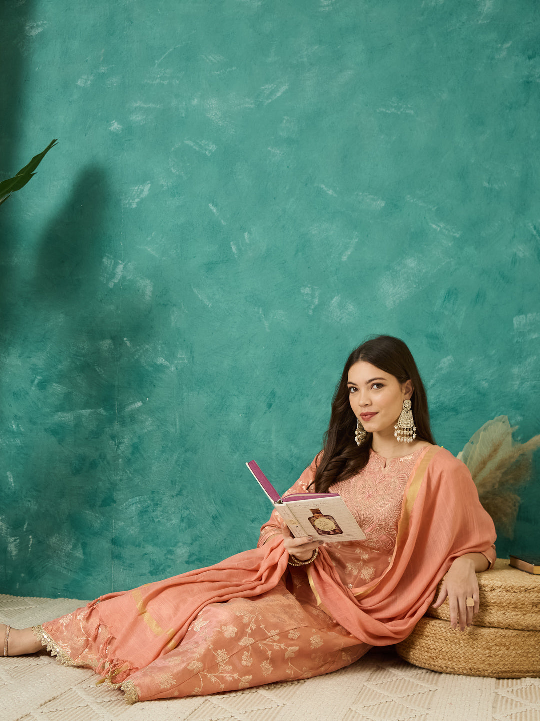 VASVI Women Jacquard Embroidered Kurta Set with Dupatta, Peach