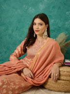 VASVI Women Jacquard Embroidered Kurta Set with Dupatta, Peach