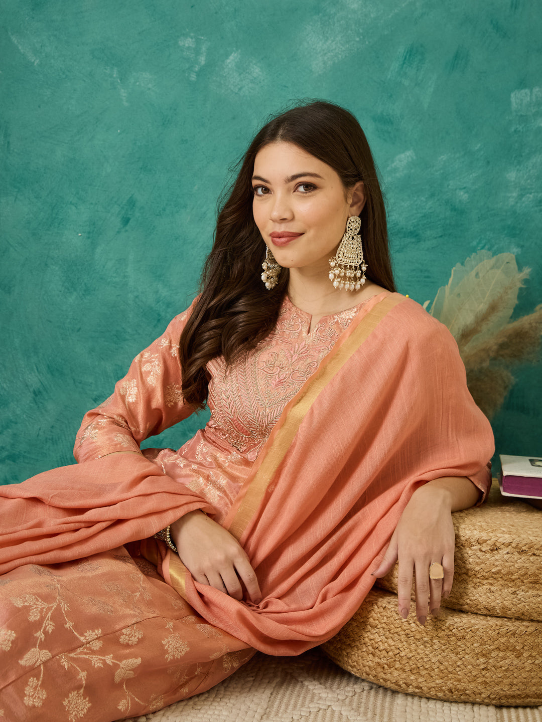 VASVI Women Jacquard Embroidered Kurta Set with Dupatta, Peach