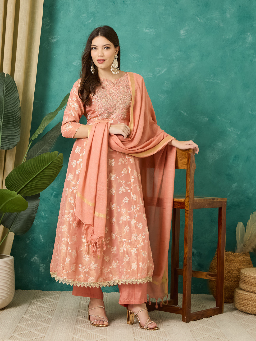 VASVI Women Jacquard Embroidered Kurta Set with Dupatta, Peach