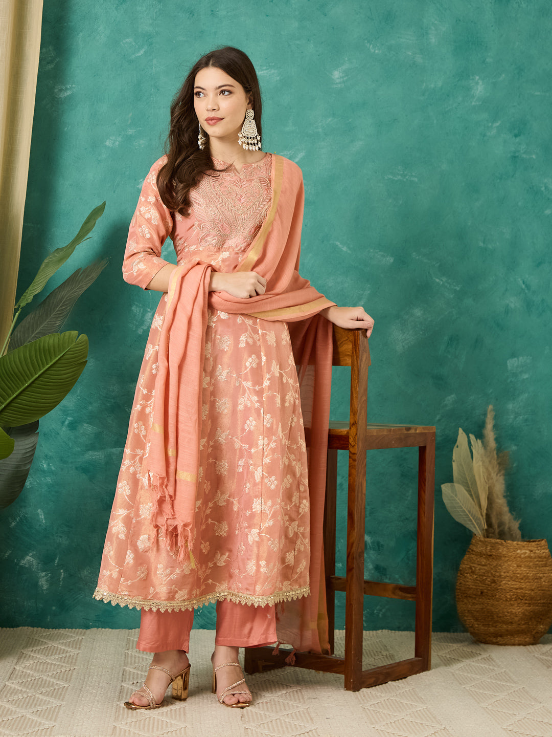 VASVI Women Jacquard Embroidered Kurta Set with Dupatta, Peach