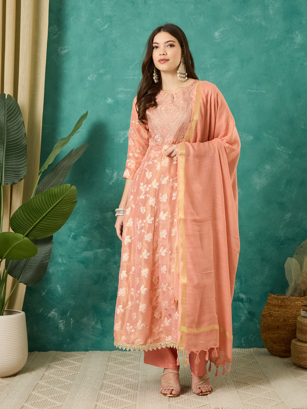 VASVI Women Jacquard Embroidered Kurta Set with Dupatta, Peach