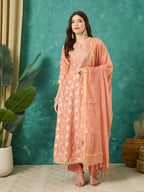 VASVI Women Jacquard Embroidered Kurta Set with Dupatta, Peach