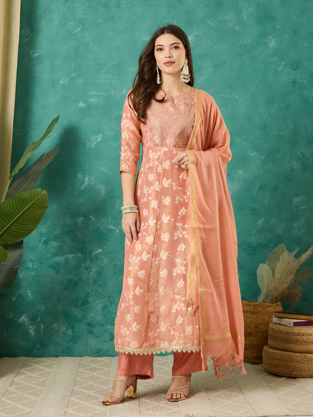 VASVI Women Jacquard Embroidered Kurta Set with Dupatta, Peach