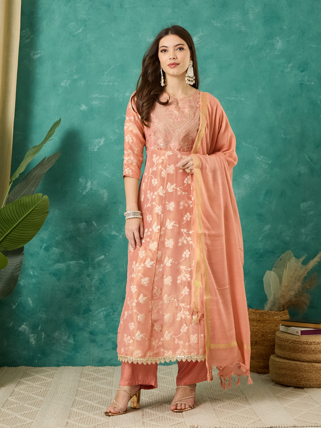 VASVI Women Jacquard Embroidered Kurta Set with Dupatta, Peach