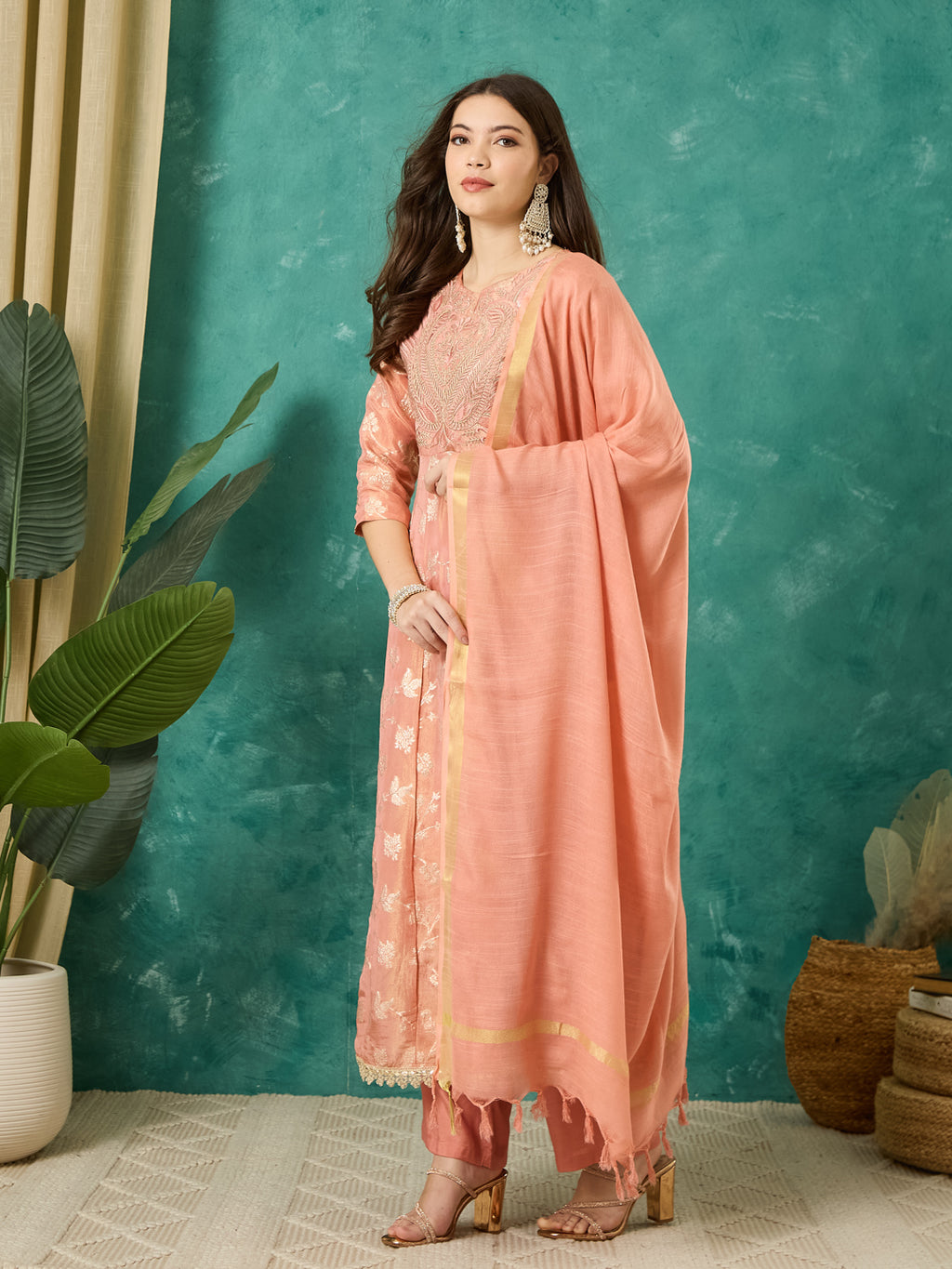 VASVI Women Jacquard Embroidered Kurta Set with Dupatta, Peach