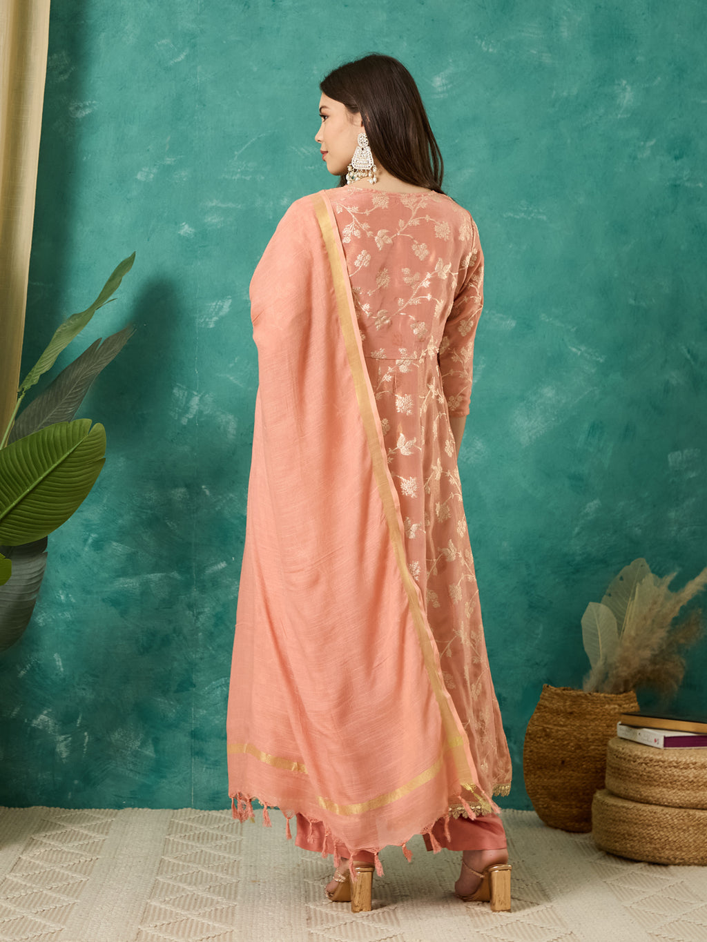 VASVI Women Jacquard Embroidered Kurta Set with Dupatta, Peach