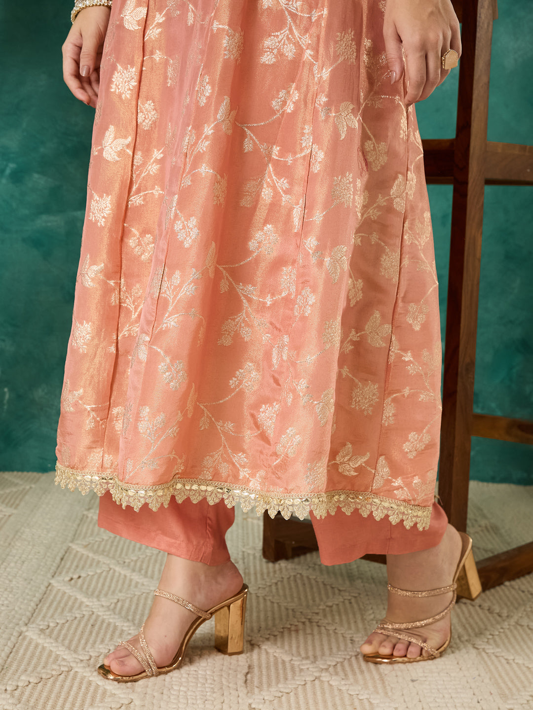 VASVI Women Jacquard Embroidered Kurta Set with Dupatta, Peach