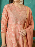 VASVI Women Jacquard Embroidered Kurta Set with Dupatta, Peach