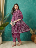VASVI Cotton Floral Printed Kurta Pant with Dupatta, Purple
