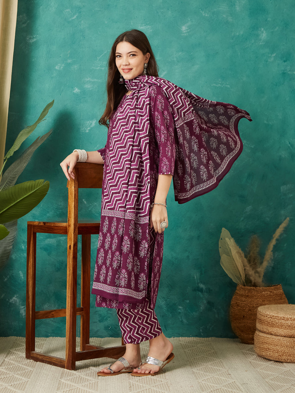 VASVI Cotton Floral Printed Kurta Pant with Dupatta, Purple