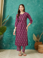 VASVI Cotton Floral Printed Kurta Pant with Dupatta, Purple